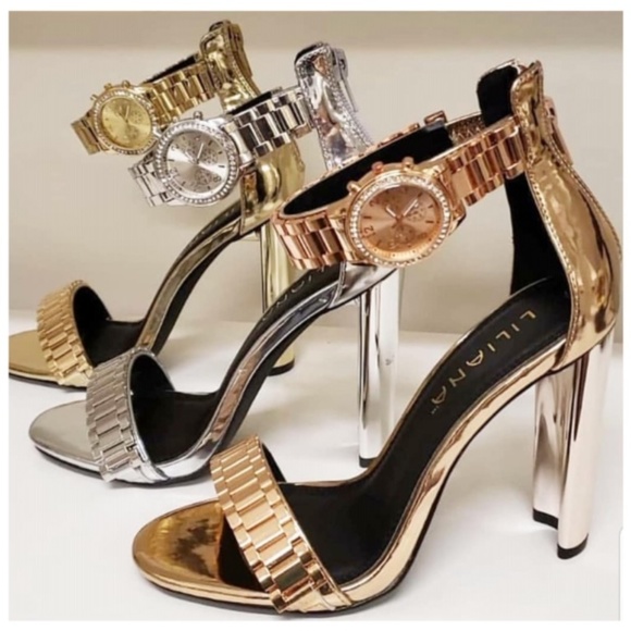 Shotclock Gold Metallic Watch Ankle Strap Heels - Picture 4 of 4